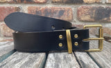 Black buffalo plain leather belt & solid brass roller buckle, Choice of Widths