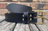 Black buffalo plain leather belt & solid brass roller buckle, Choice of Widths