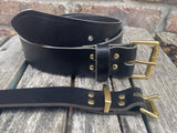 Black buffalo plain leather belt & solid brass roller buckle, Choice of Widths