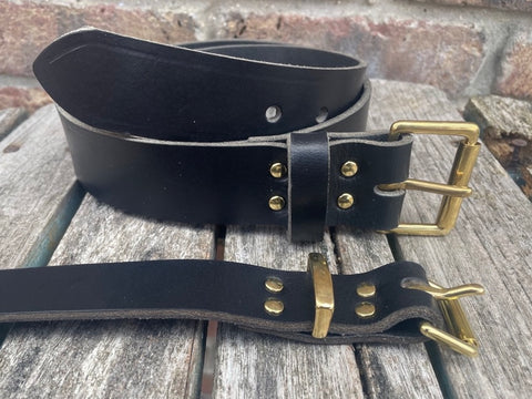 Black buffalo plain leather belt & solid brass roller buckle, Choice of Widths