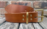 Brandy buffalo plain leather belt & solid brass roller buckle, Choice of Widths.