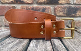 Brandy buffalo plain leather belt & solid brass roller buckle, Choice of Widths.