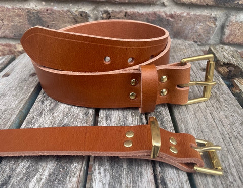 Brandy buffalo plain leather belt & solid brass roller buckle, Choice of Widths.