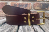 Buffalo leather 19mm-50mm wide belt with solid brass single roller buckle. Choice of 9 colours