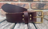 Brown buffalo plain leather belt & solid brass roller buckle, Choice of Widths