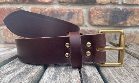 Brown buffalo plain leather belt & solid brass roller buckle, Choice of Widths