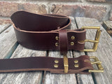 Brown buffalo plain leather belt & solid brass roller buckle, Choice of Widths