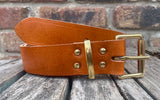 Tan buffalo plain leather belt & solid brass roller buckle, Choice of Widths