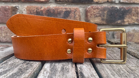 Tan buffalo plain leather belt & solid brass roller buckle, Choice of Widths