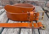 Tan buffalo plain leather belt & solid brass roller buckle, Choice of Widths
