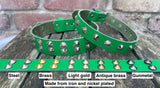 Plain leather round conical stud choker 19mm or 25mm wide. Choice of 12 colours.