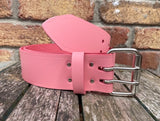 Plain leather 2" (50mm) wide belt with 2 prong nickel plated steel roller buckle. Choice of colour.