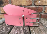 Plain leather 50mm wide belt with 2 prong nickel plated steel roller buckle. Choice of 13 colours