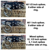 Double spiked D & o-ring leather choker approx 25mm wide. Choice of ring and spike size