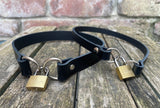 Front locking leather choker 10mm or 19mm wide. Choice of 13 colours.