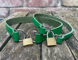 Front locking leather choker 10mm or 19mm wide. Choice of 13 colours.