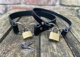 Front locking leather choker 10mm or 19mm wide. Choice of 13 colours.