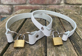 Front locking leather choker 10mm or 19mm wide. Choice of 13 colours.