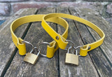 Front locking leather choker 10mm or 19mm wide. Choice of 13 colours.