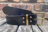 Black buffalo worn look leather belt & solid brass roller buckle, Choice of Widths