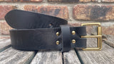 Black buffalo worn look leather belt & solid brass roller buckle, Choice of Widths