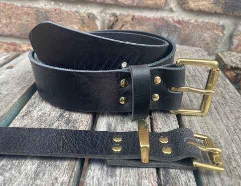 Black buffalo worn look leather belt & solid brass roller buckle, Choice of Widths
