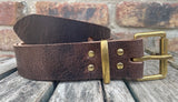 Dark brown buffalo worn look leather belt & solid brass roller buckle, Choice of Widths
