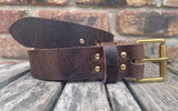 Dark brown buffalo worn look leather belt & solid brass roller buckle, Choice of Widths