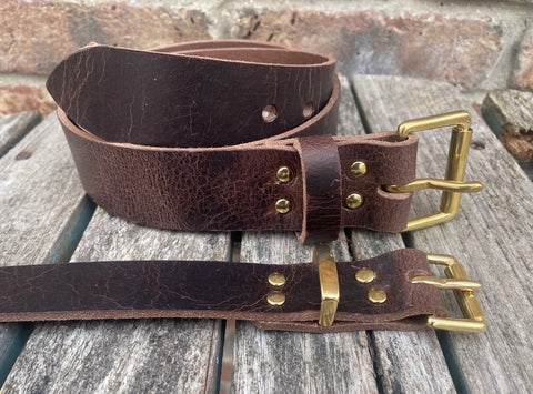 Dark brown buffalo worn look leather belt & solid brass roller buckle, Choice of Widths