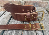 Light brown buffalo worn look leather belt & solid brass roller buckle, Choice of Widths