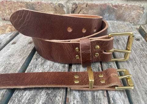 Light brown buffalo worn look leather belt & solid brass roller buckle, Choice of Widths