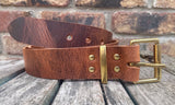 Buffalo leather 19mm-50mm wide belt with solid brass single roller buckle. Choice of 9 colours