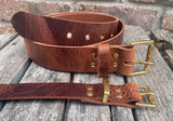 Tan buffalo worn look leather belt & solid brass roller buckle, Choice of Widths