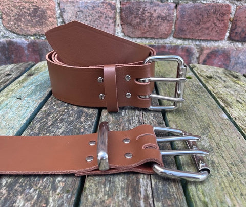 Chestnut Brown Leather Double Prong Belt. 1 1/2" (38mm) or 2" (50mm) Wide.