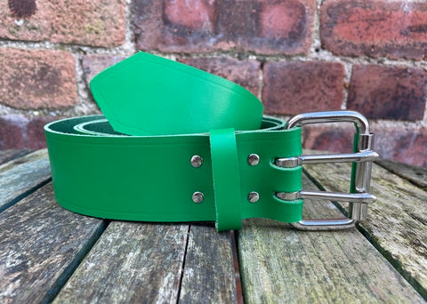 Green Leather Double Prong Belt. 1 1/2" (38mm) or 2" (50mm) Wide.