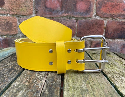 Yellow Leather Double Prong Belt. 1 1/2" (38mm) or 2" (50mm) Wide.