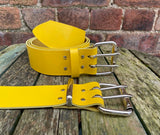 Yellow Leather Double Prong Belt. 1 1/2" (38mm) or 2" (50mm) Wide.