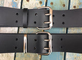 Black Leather Double Prong Belt. 1 1/2" (38mm) or 2" (50mm) Wide.