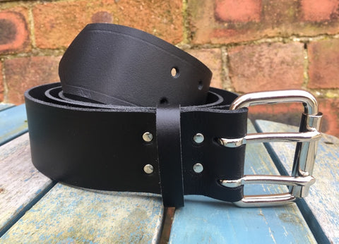 Black Leather Double Prong Belt. 1 1/2" (38mm) or 2" (50mm) Wide.