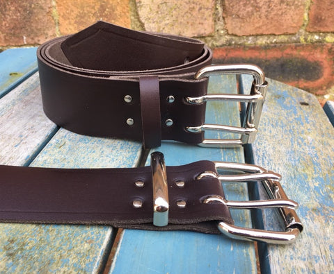 Dark Brown Leather Double Prong Belt. 1 1/2" (38mm) or 2" (50mm) Wide.