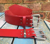 Red Leather Double Prong Belt. 1 1/2" (38mm) or 2" (50mm) Wide.