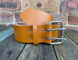 London Tan Leather Double Prong Belt. 1 1/2" (38mm) or 2" (50mm) Wide.