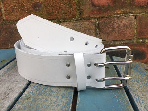 White Leather Double Prong Belt. 1 1/2" (38mm) or 2" (50mm) Wide.