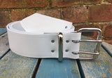 White Leather Double Prong Belt. 1 1/2" (38mm) or 2" (50mm) Wide.